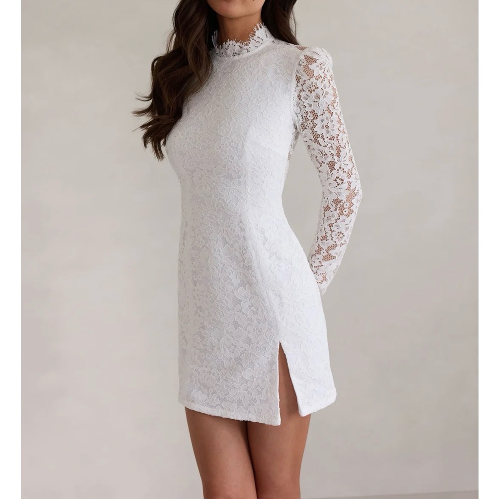 Park & Fifth White Mini Dress with Long Bishop Sleeves and High Slit for Bride